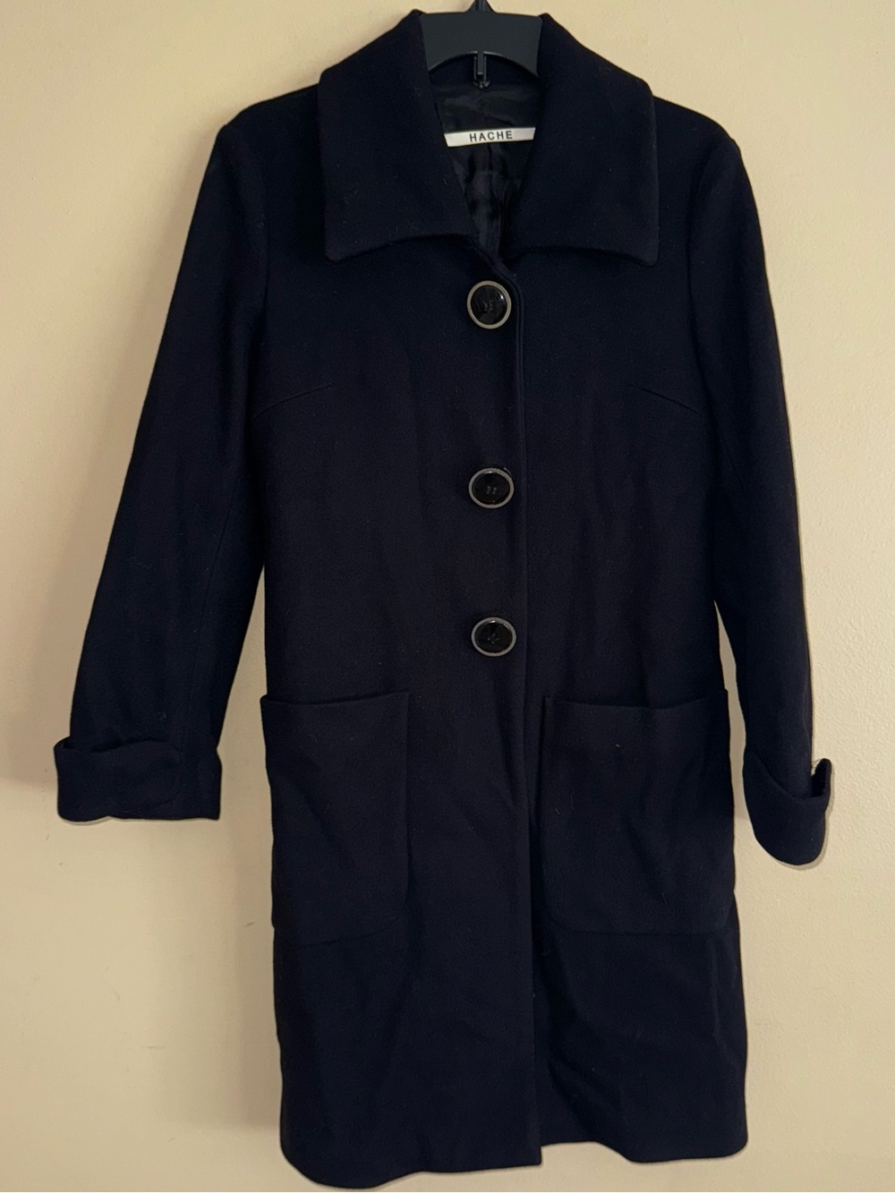 HACHE Italy Black Cashmere / Wool Trench Coat Jacket Large Deco Buttons Size M